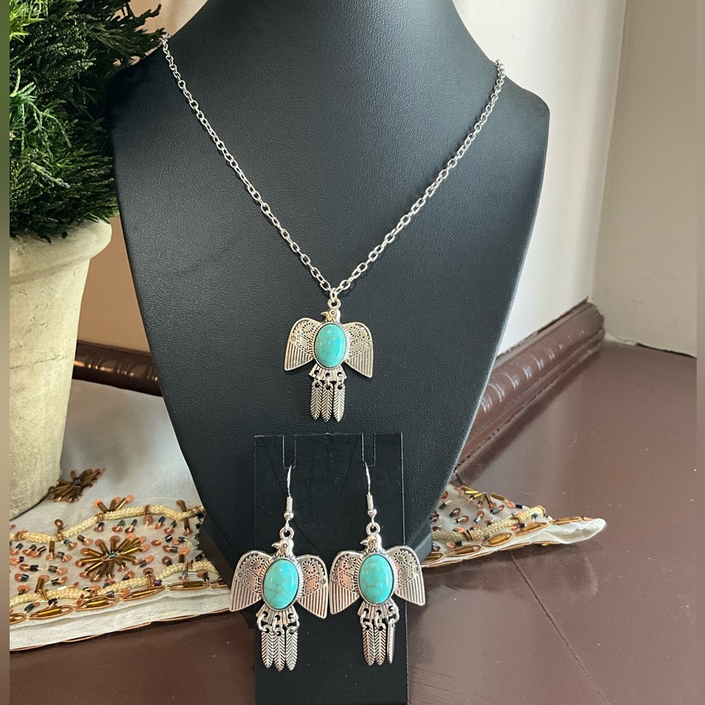 Silver turquoise eagle feather necklace and earring set
